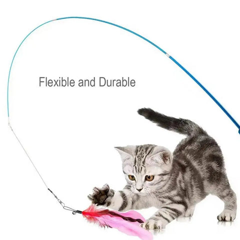 Cat Feather Teaser Wand Toys Fish Teaser Cat Toy Caterpillar & Feather Heads Cat Catcher Teaser Stick Fishing Pole Toy For