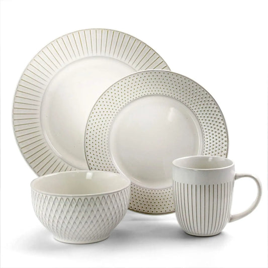 Contemporary Round Embossed Stoneware Dinnerware Dish Set, 16 Piece, White