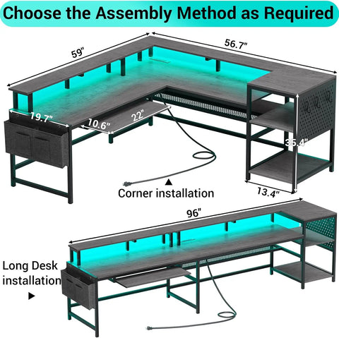 L Shaped Gaming Desk, Reversible Computer Desk, Gaming Desk with Power Outlets & LED Strip, Black