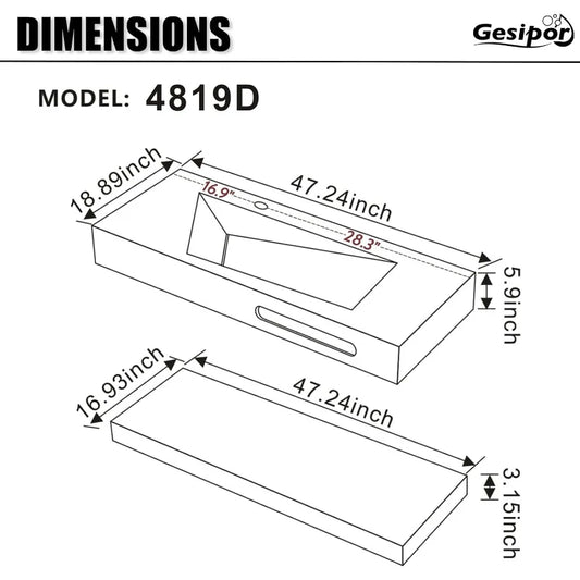 GESIPOR Wall Mount Bathroom Sink Rectangular Sink for Bathroom Floating Vanity Sink Modern Art Basin with Shelf Layer