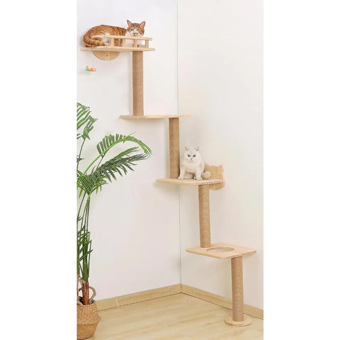 Cat Tree Wall Mounted with 4 Levels Cats Shelves, 73" Wood Cats Climbing Tower Indoor Cat Wall Shelve