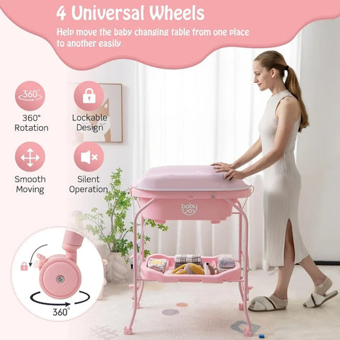 BABY JOY Baby Bathtub with Changing Table, Foldable Infant Diaper Changing Station with Storage Tray, Waterproof Pad, Portable