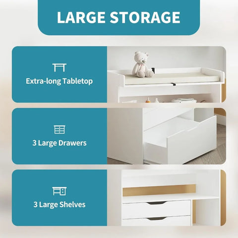 Baby Changing Table Dresser with 3 Drawers and 3 Storage Shelves, Can be Used as a Baby Dresser with Changing Table Top