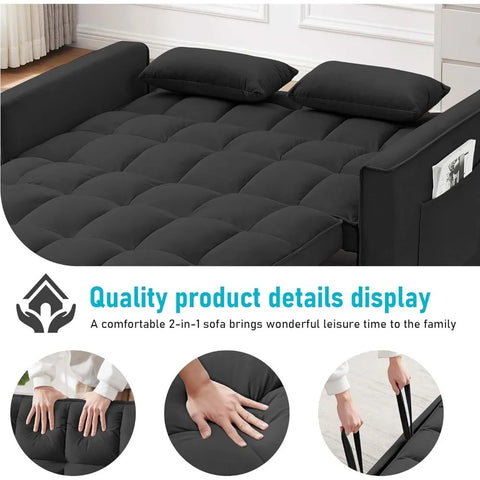 3-in-1 2-Seater Loveseat Pull Out Couch Reclining Backrest,Toss Pillows Pockets-Perfect for Small Spaces Velvet Sleeper Sofa Bed