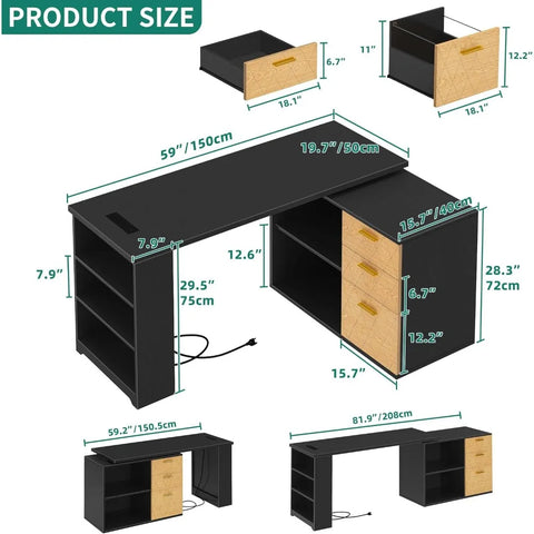 L Shaped Desk with Power Outlets & LED Lights, 360 Rotating Computer Desk with Drawers, 59" Corner Office Desk