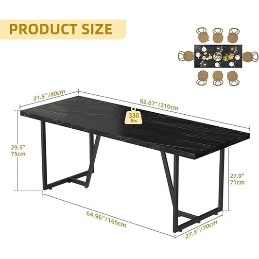 82.6'' Large Modern Dining Table for 8-10 People, Rectangular Black Kitchen Dining Room Table with Faux Marble  Tabletop