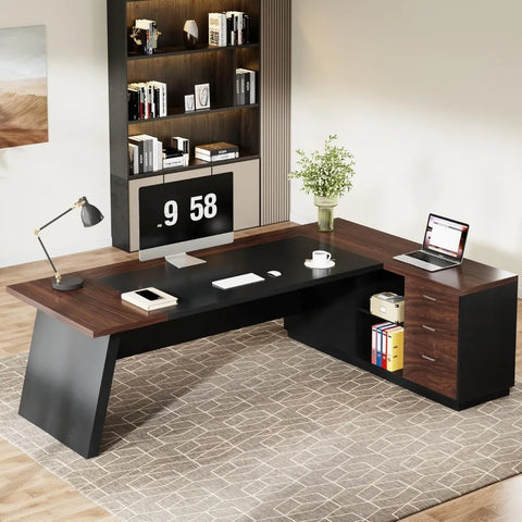 78" L-Shaped Executive Desk, Large Office Desk with Drawers and Lateral File Cabinet, Modern Computer Desk