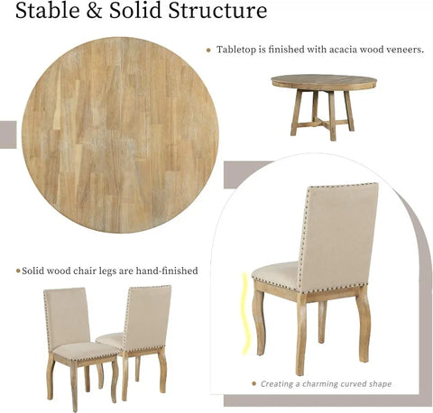 5-Piece Round Dining Table and Chair Set, Round Dining Table with Shelf, Wood Table Set for Family Dining Area