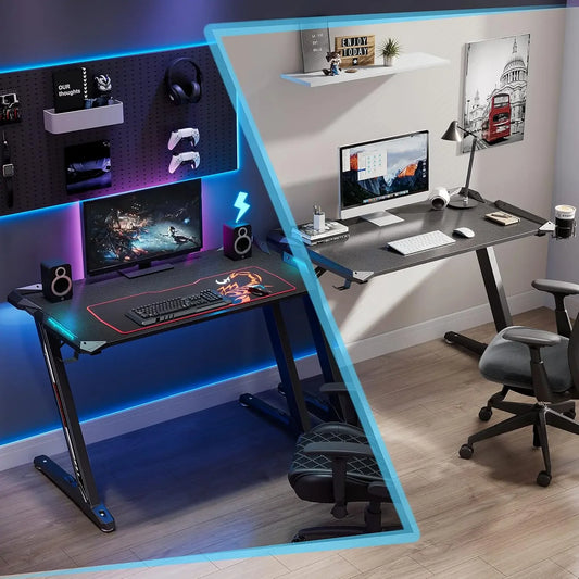 Gaming Desk 44.5" Z Shaped Home Office PC Computer Desks Gamer Tables LED Lights Controller Stand Cup Men Boyfriend Female Gift