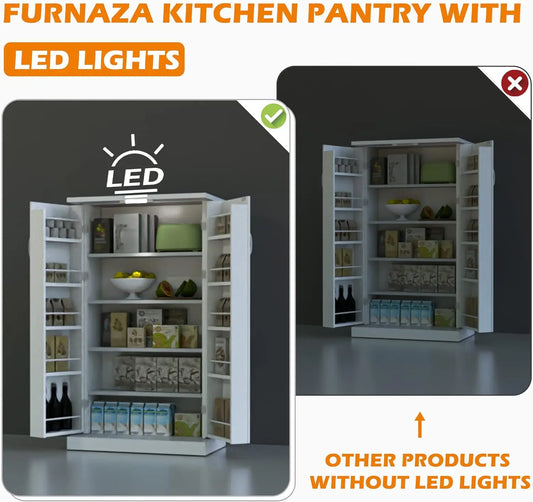 50" LED Kitchen Pantry Storage Cabinets - Standing Food Cabinets Cupboards with 2 Doors with Racks and Shelves Adjustable