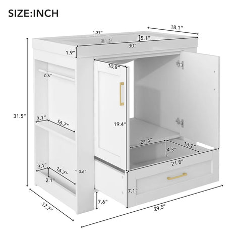 30'' Bathroom Vanity with Basin Sink Modern Bathroom Storage Cabinet with Double-sided Storage Shelf Freestanding Bathroom Basin