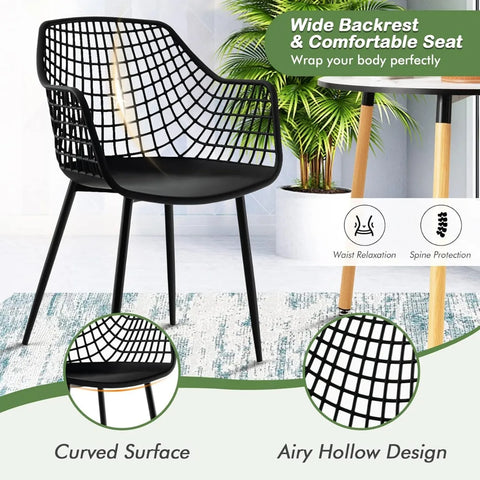 Modern Dining Chairs Set of 4 - Black Arm Chair with 15" High Backrest, Powder-Coated Metal Legs, Anti-slip Foot Pads