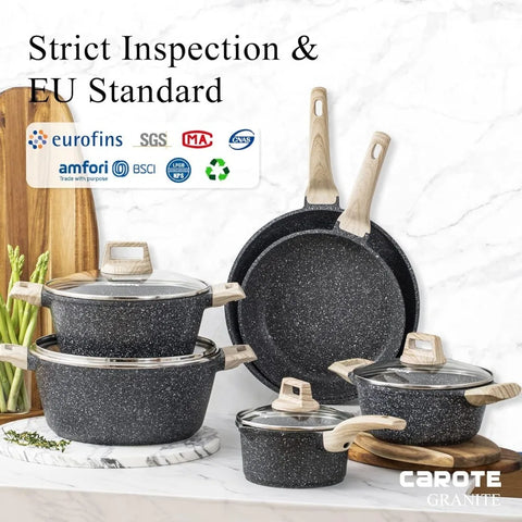 Carote Nonstick Granite Cookware Sets 10 Pcs Stone ,non stick frying pan set, pots pans set (Granite, induction cookware)