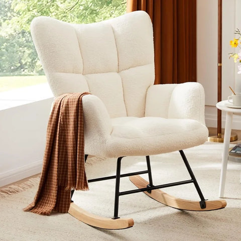 Sweetcrispy Rocking Chair Nursery, Teddy Upholstered Glider Rocker with High Backrest, Reading Chair Modern Rocking Accent Chair