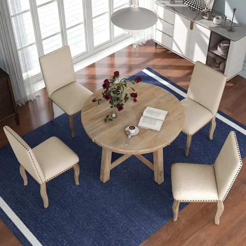 5-Piece Round Dining Table and Chair Set, Round Dining Table with Shelf, Wood Table Set for Family Dining Area