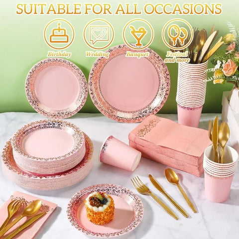 700 Pcs Disposable Dinnerware Set for 100 Guests Include 200 Paper Plates, 300 Plastic Silverware, 100 Paper Cups, 100 Napkins