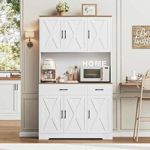 Pantry Cabinet with Charging Station, Tall Kitchen Pantry Storage Cabinet with Microwave Stand, Farmhouse Kitchen Hutch Cabinet