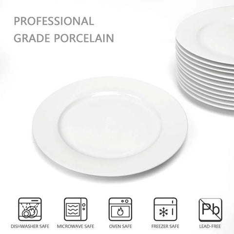 12-Piece White Porcelain Dinner Plates, Round Dessert or Salad Plate, Serving Dishes, Dinnerware Sets, Scratch Resistant