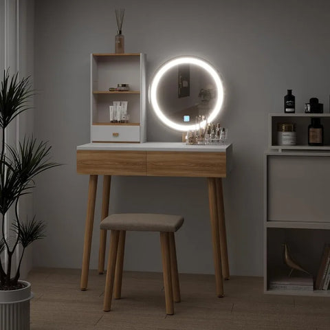 Makeup Vanity Desk with Lights,Small Vanity with Adjustable Brightness Mirror for Samll Spaces,Vanity Desk with Drawers