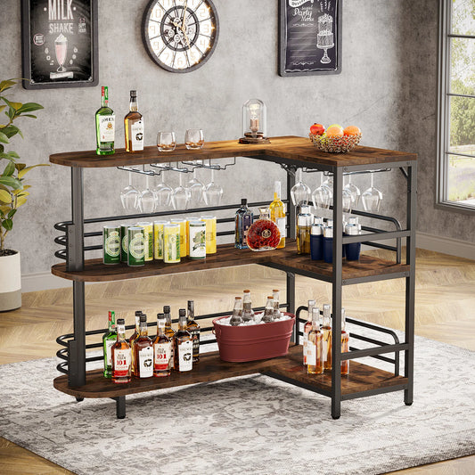 Tribesigns L-Shaped Home Bar Unit, 3 Tier Liquor Bar Table with Storage Shelves and Wine Glasses Holder