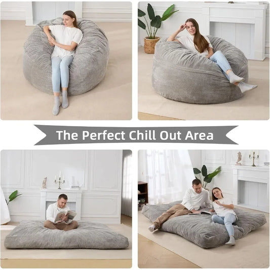 Giant Bean Bag Chair with Washable Chenille Cover Ultra Soft Convertible Bean Bag From Chair To Mattress Family - Grey Full Size