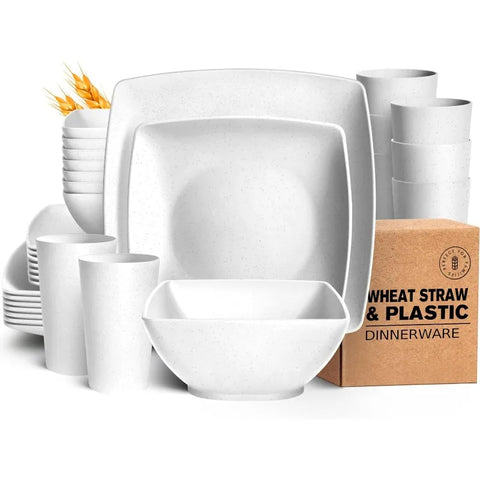 32-piece Plastic Wheat Straw Square Dinnerware Set for 8, Unbreakable Dinner Plates, Salad Plates, Snack Bowls, Tumblers