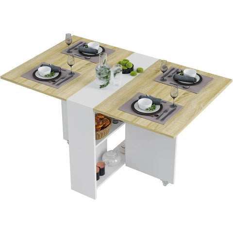 Folding Dining Table, Versatile Dinner Table with 6 Wheels and 2 Storage Racks, Space Saving  Table, Folding Kitchen Table