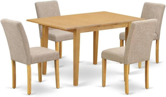 5 Piece Dining Set Includes a Rectangle Dining Room Table with Butterfly Leaf and 4 Light Tan Linen Fabric Upholstered Chairs,