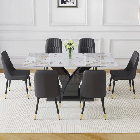 Modern Dining Room Table Set for 6, Faux Marble Kitchen Table and 6 PU Leather Chairs, 67” Rectangular Tempered Glass Table Set