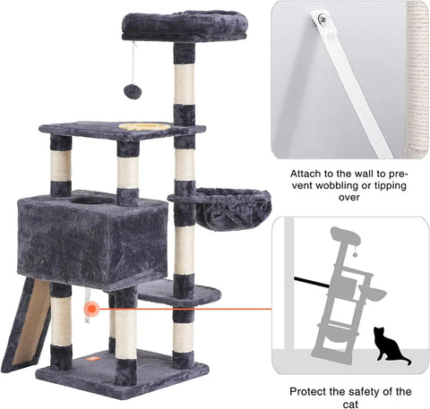 Cat Tree, Cat Tower for Indoor Cats with Scratching Board, Multi-Level Cat Furniture Condo with Feeding Bowl