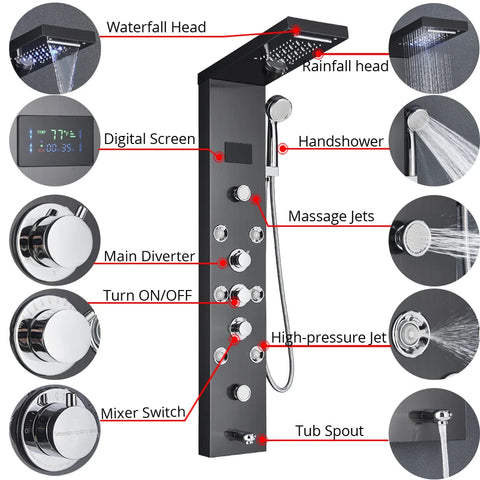 Black/Brushed Bathroom Shower Faucet Set LED Rainfall Shower Panel System Bathtub Water Mixer Tap Massage SPA Temperature Screen