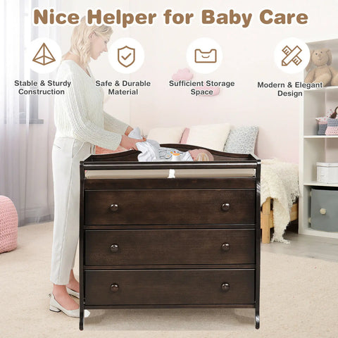 3 Drawer Baby Changing Table Infant Diaper Changing Station w/ Safety Belt Brown