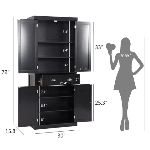 72" Kitchen Pantry Storage Cabinet, Freestanding Cupboard with 2 Cabinets, Drawer and Adjustable Shelves, Tall Storage Cabinet