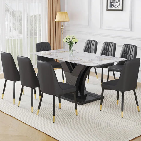 Modern Dining Room Table Set for 6, Faux Marble Kitchen Table and 6 PU Leather Chairs, 67” Rectangular Tempered Glass Table Set