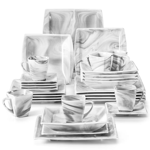 MALACASA 30/60PCS Marble Grey Porcelain Tableware Dinnerware Set with 6PCS Dessert/Soup/Dinner Plate/Cup/Saucer,Service for 12