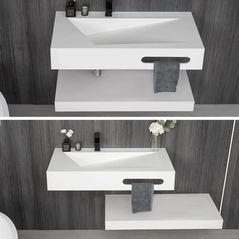 Wall Mount Bathroom Vanity with Sink Stone Resin Floating Vanity Sink Rectangular Vessel Sinks for Bathroom White