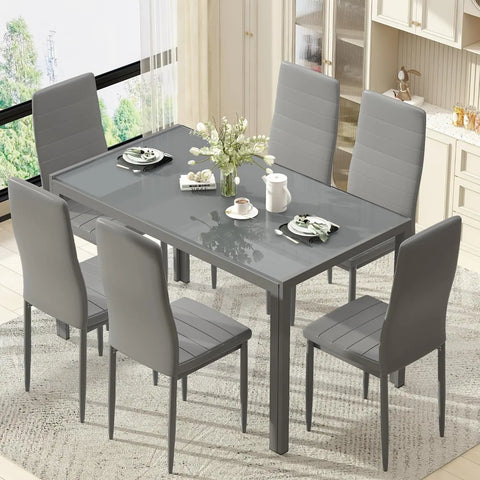 7 Piece Kitchen 6 Person, Tempered Glass Table and PU Leather Chairs Modern Dining Room Sets for Small Space, Dining Table Set