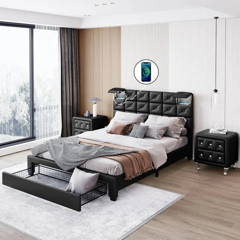 3-Pieces Bedroom Sets,Queen Size Upholstered Platform Bed with Two Motion Activated Night Lights and Two Nightstands