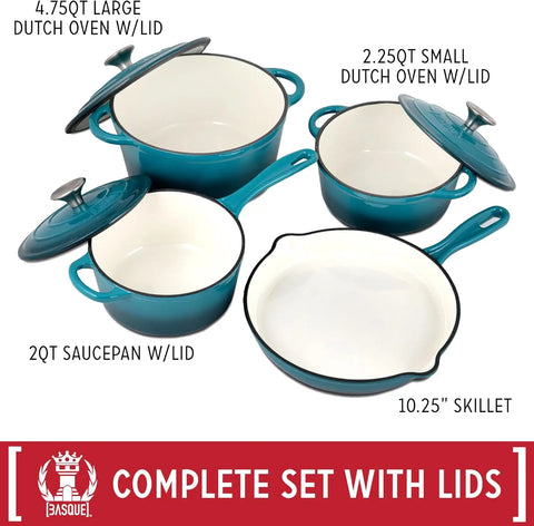 NEW Enameled Cast Iron Cookware Set, 7-Piece Set (Biscay Blue), Nonstick, Oversized Handles, Oven Safe; Skillet, Saucepan