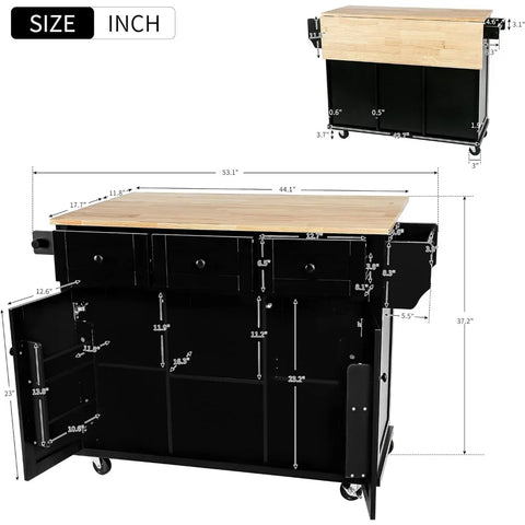 Kitchen Island with Drop-Leaf Countertop, Internal Storage Cabinet Racks, Rolling Kitchen Cart on 5 Wheels with Open Shelves