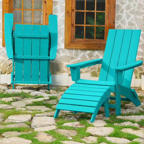 Outdoor Wooden Folding Adirondack Chair With Footrest Weather Resistant Fire Pit Chair Patio Chairs Set