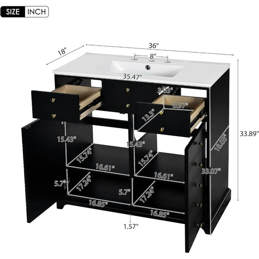 bathroom organizers, 36" Bathroom Vanity with Sink, Freestanding Single Sink Modern Bathroom Vanity Storage Cabinet with 2 Drawe