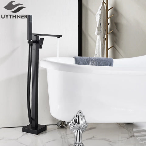 Uythner Floor Mounted Bathtub Faucet Set Black Bath Tub Faucet Hot and Cold Water Shower Bathtub Mixer Tap Waterfall Floor Stand