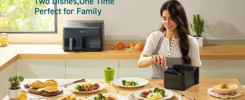 9Qt 10-in-1 Dual Air Fryer, Fresh Balanced Meals for Family and Children with Double Baskets, Sync Cook & Finish to Bake, Roast,