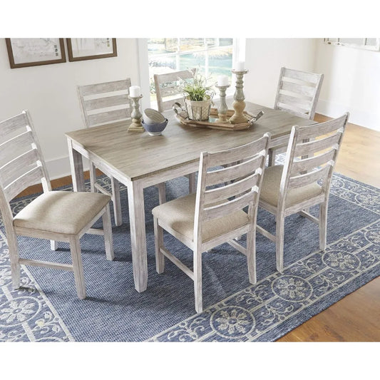 Skempton Cottage Dining Room Table Set with 6 Upholstered Chairs, Whitewash, 36"W x 60"D x 30"H