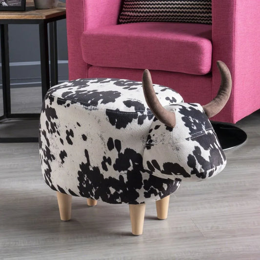 Velvet Cow-Shaped Ottoman, Cute Wood Foot Stool Shoes Changing Seat with Cushioned for Adult  Playroom, Porch Furniture, Stool