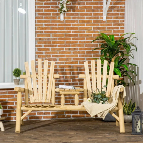 Outsunny 2-Seat Wooden Adirondack Chair, Patio Bench with Table, Outdoor Loveseat Fire Pit Chair for Porch, Backyard