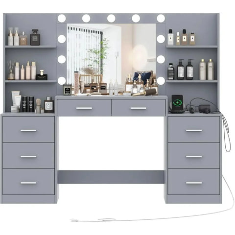 Makeup Vanity Table with Mirror & Lights, Vanity Desk with Power Strip, Large Drawer & Six Open Storage Dresser, 3 Lighting