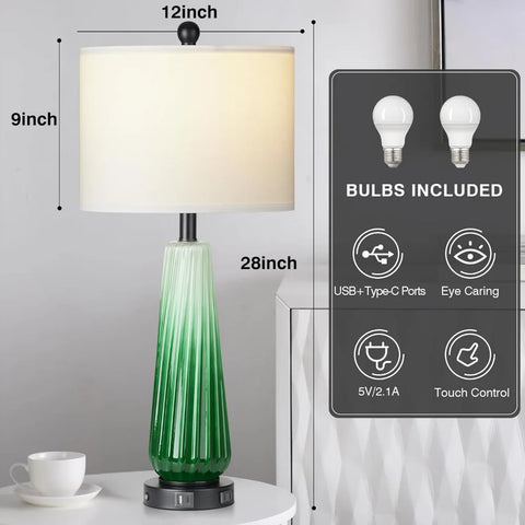 Glass Table Lamps for Living Room, 26" Modern Table Lamps with USB A+C Ports & AC Outlet, Touch Control Bedside Nightstand