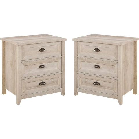 2-Piece Nightstand, Modern Farmhouse 3 Drawer Framed Nightstand with Half-Moon Handles, White Oak End Table for Bedroom